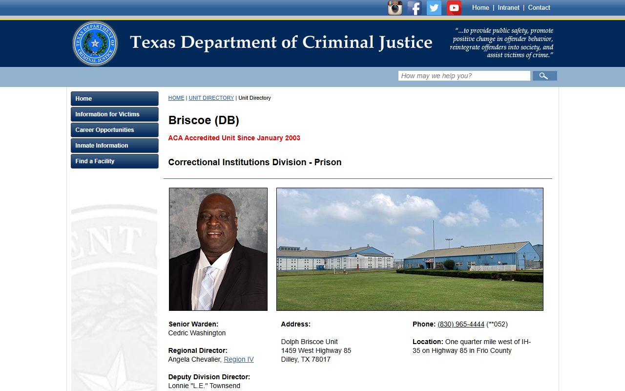 Dolph Briscoe Unit TDCJ prison directory for inmate lookup and custody levels