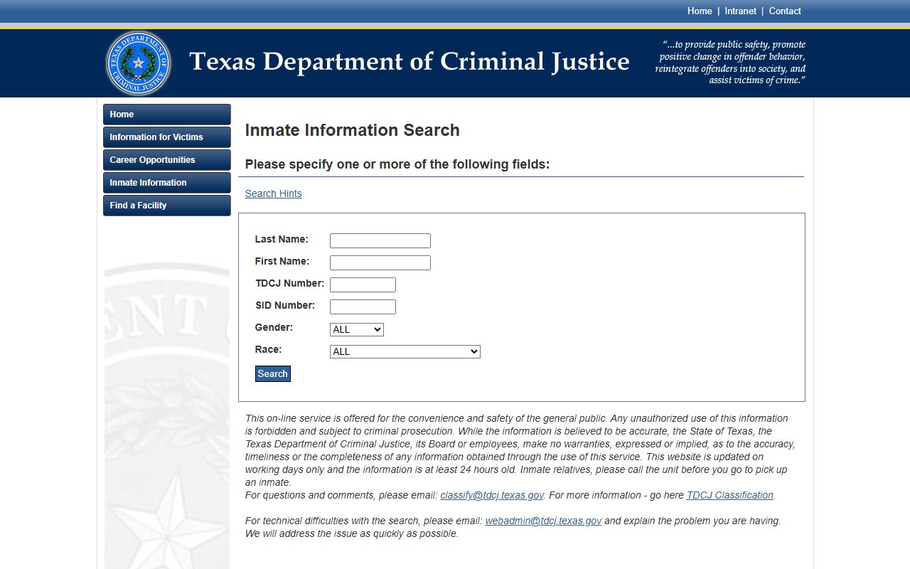 TDCJ inmate search form for Dolph Briscoe Unit prison lookup